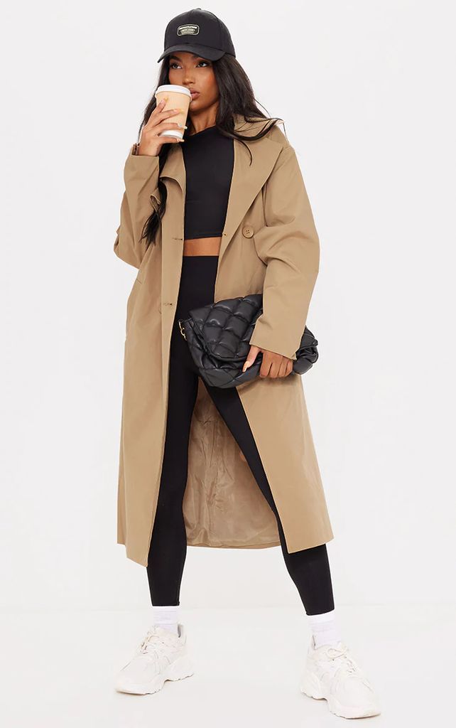 Camel Panel Front Button Down Midi Trench, Camel
