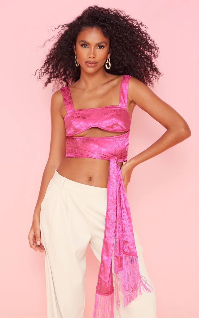 Hot Pink Cut Out Wrap Tassel Detail Top, Hot Pink