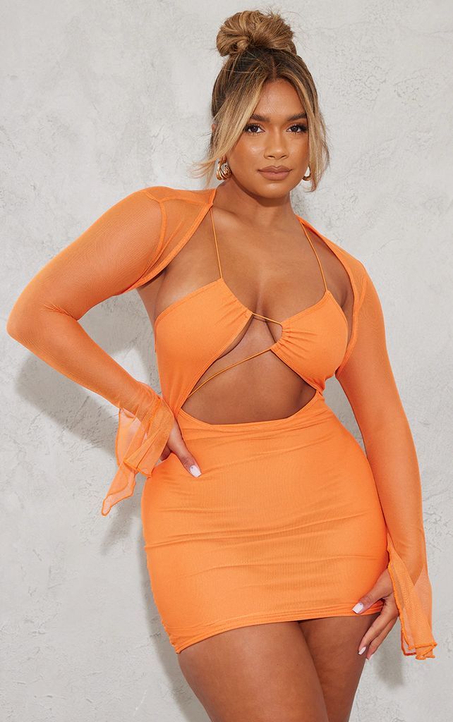 Shape Bright Orange Shape Mesh Lace Up Detail Overlay Bodycon Dress, Bright Orange