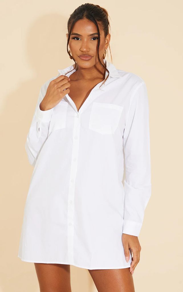White Long Sleeve Button Shirt Dress, White