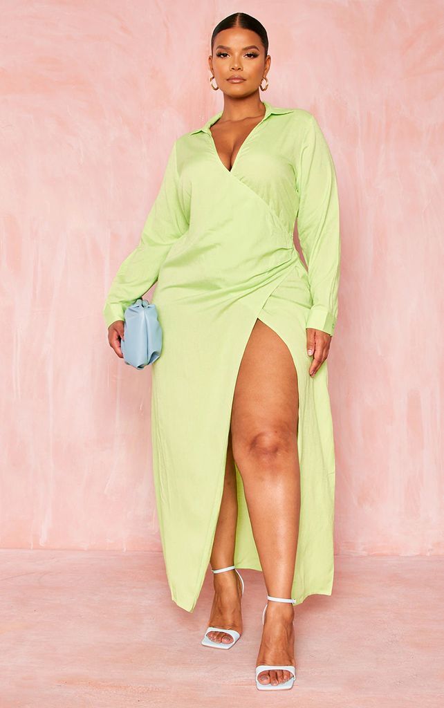 Plus Lime Linen Look Wrap Side Split Maxi Dress, Green
