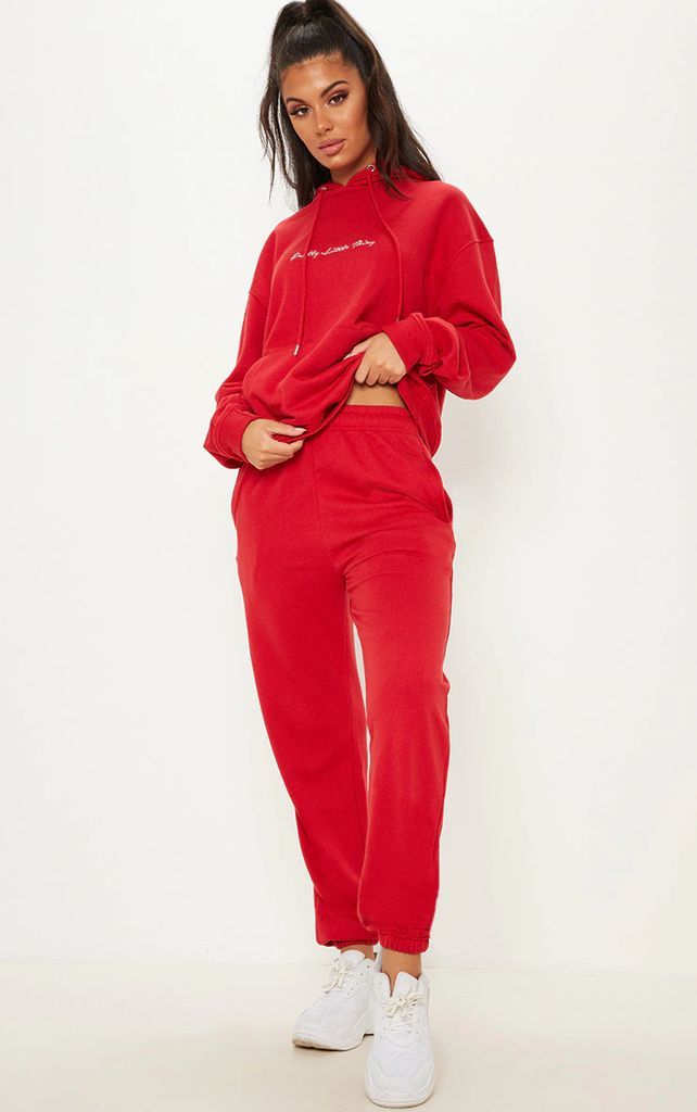 Red Sweat Cuffed High  Waist Joggers, Red