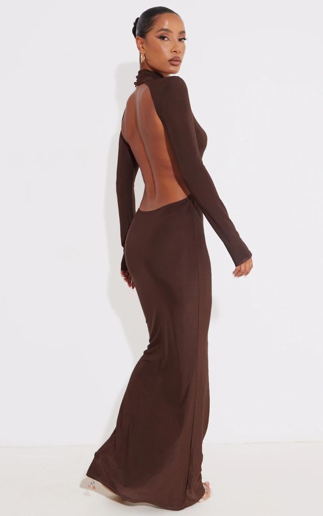 Chocolate Slinky High Neck Backless Maxi Dress, Chocolate