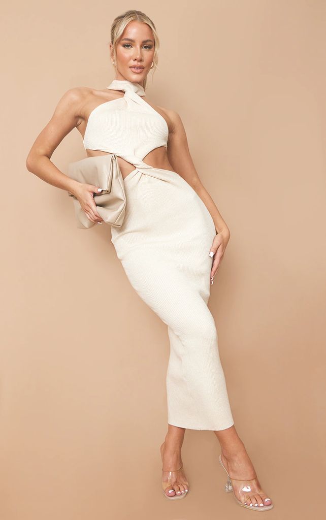 Cream Knitted Twist Front Maxi Dress, White