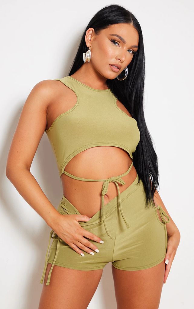 Olive Slinky Tie Front Cut Out Detail Crop Top