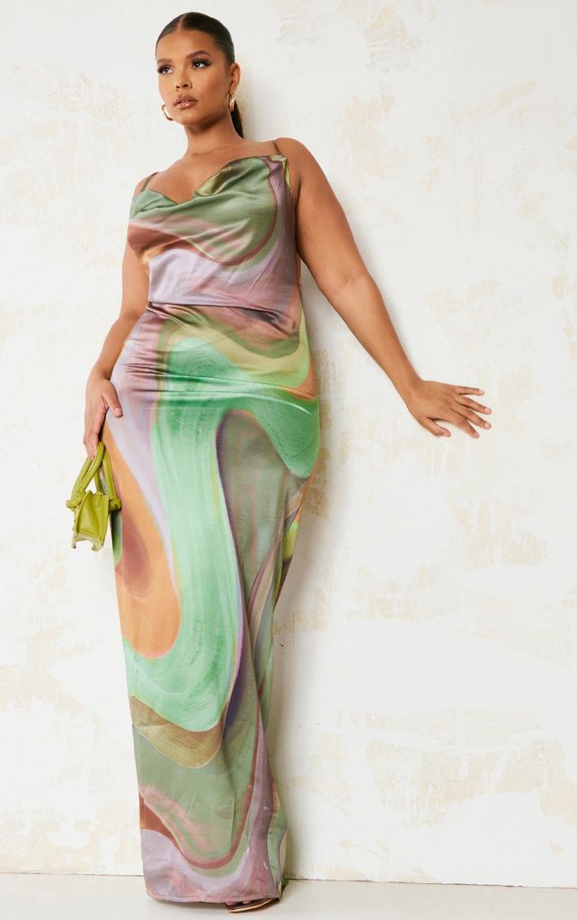 Plus Multi Abstract Marble Print Satin Cowl Neck Strappy Maxi Dress, Multi