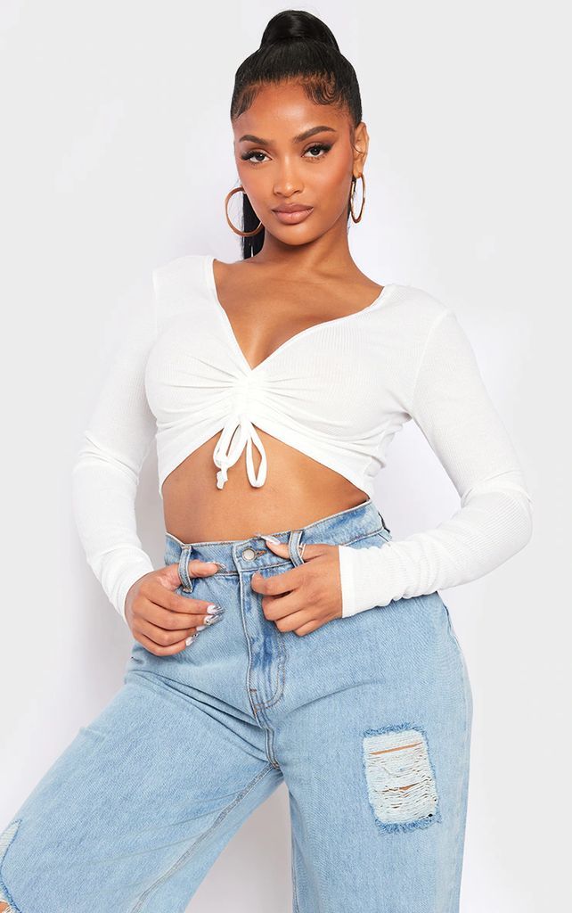 Shape White Ribbed Long Sleeve Ruched Front Crop Top, White