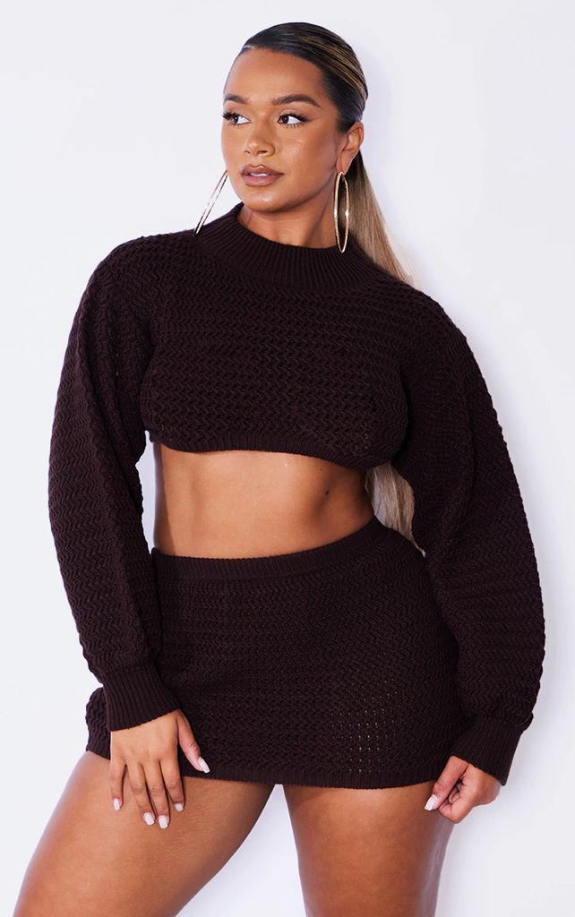 Shape Chocolate Brown Knitted Long Sleeve High Neck Crop Top, Chocolate Brown