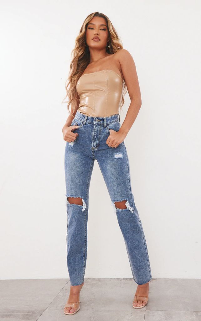 Mid Wash High Rise Ripped Straight Leg Jeans, Mid Blue Wash