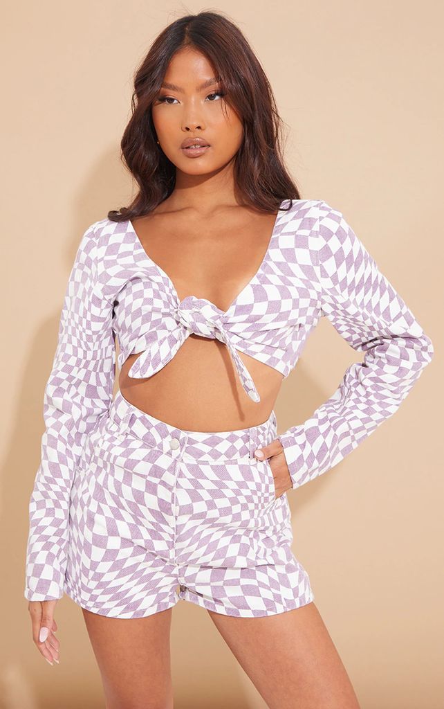 Petite Lilac Denim Checkerboard Knot Front Crop Top