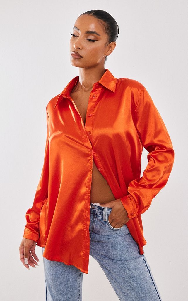 Orange Satin Button Front Shirt, Orange