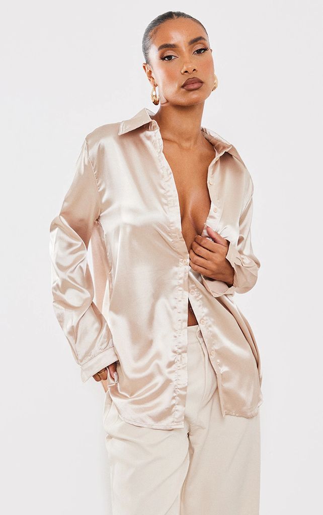 Champagne Satin Button Front Shirt, Yellow