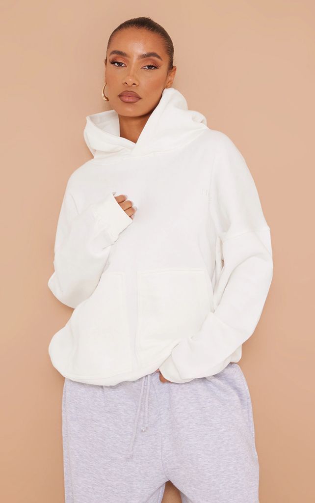 Cream Embroidered Double Pocket Hoodie, White