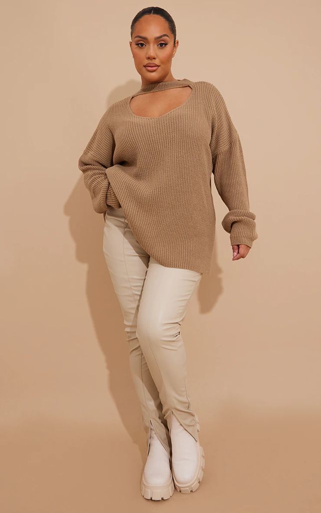 Plus Taupe Knitted V Neck Cut Out Jumper, Chocolate