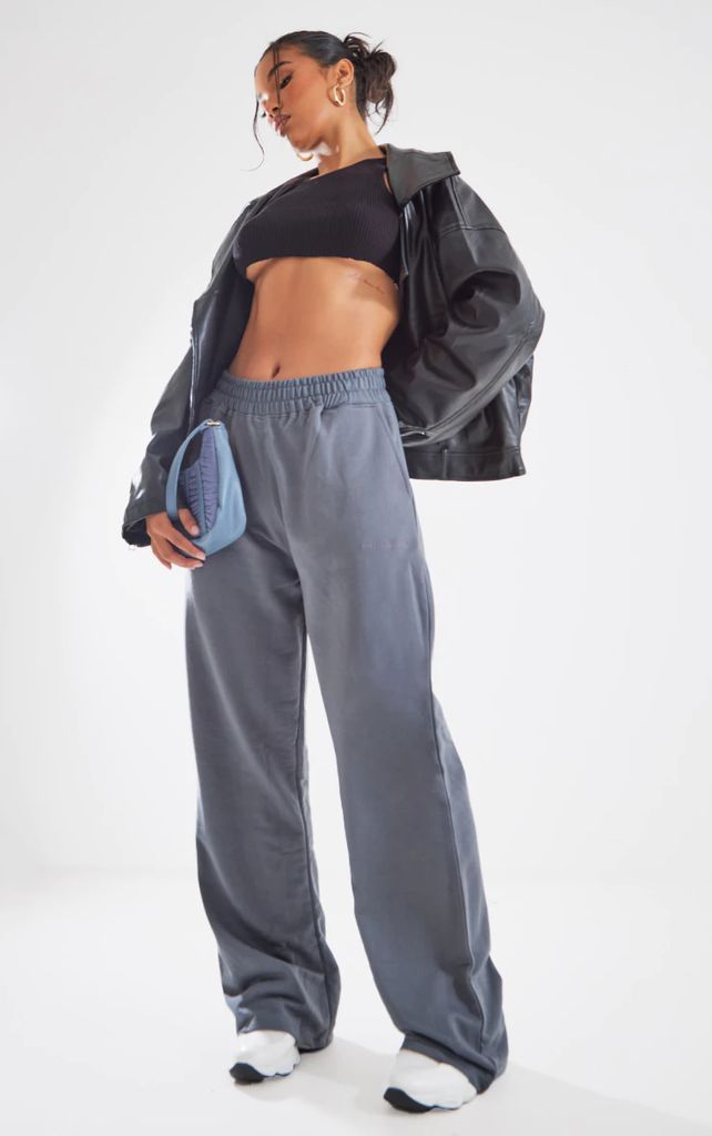 Charcoal Embroidered Wide Leg Joggers, Grey