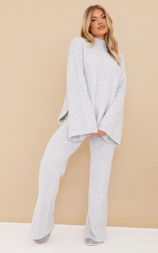 Grey Luxe Rib Knit Wide Leg Trousers, Grey