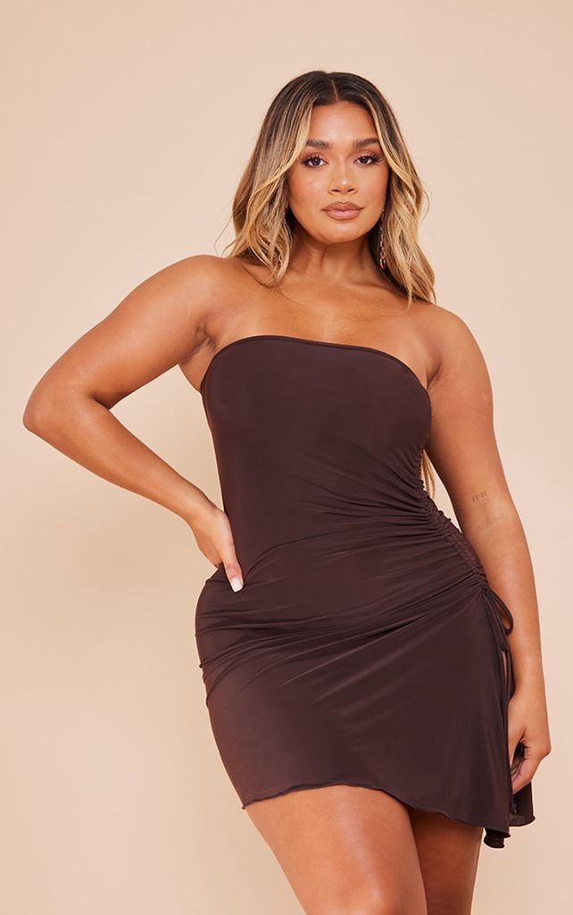 Shape Chocolate Brown Slinky Bandeau Ruched Side Frill Hem Bodycon Dress, Chocolate Brown
