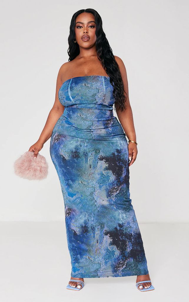 Plus Blue Abstract Print Mesh Bandeau Midaxi Dress, Blue