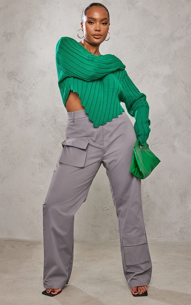 Plus Bright Green Chunky Knit Long Sleeve Dip Hem Crop Top, Bright Green