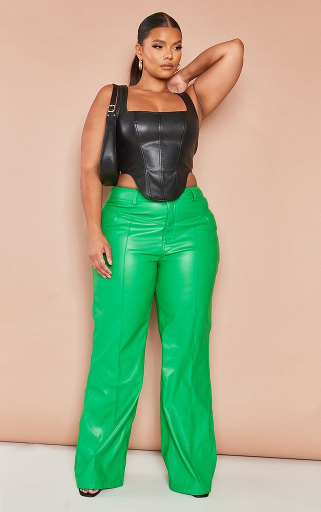 Plus Bright Green Faux Leather Seam Detail Wide Leg Trousers, Bright Green