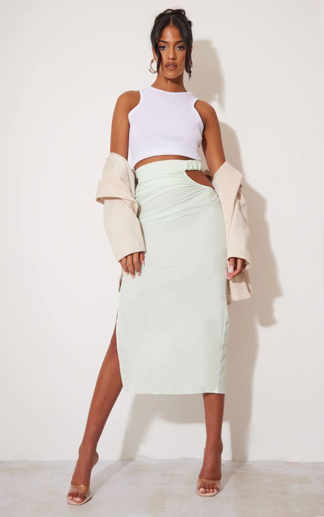 Tall Sage Green Ruched Cut Out Midi Skirt