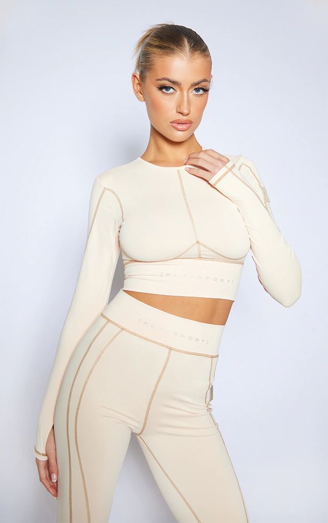 Cream Poly Long Sleeve Contrast Seam Gym Crop Top, White