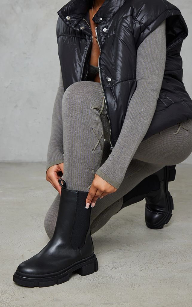 Black Matte Pu Round Toe Chunky Sole Ankle Boots