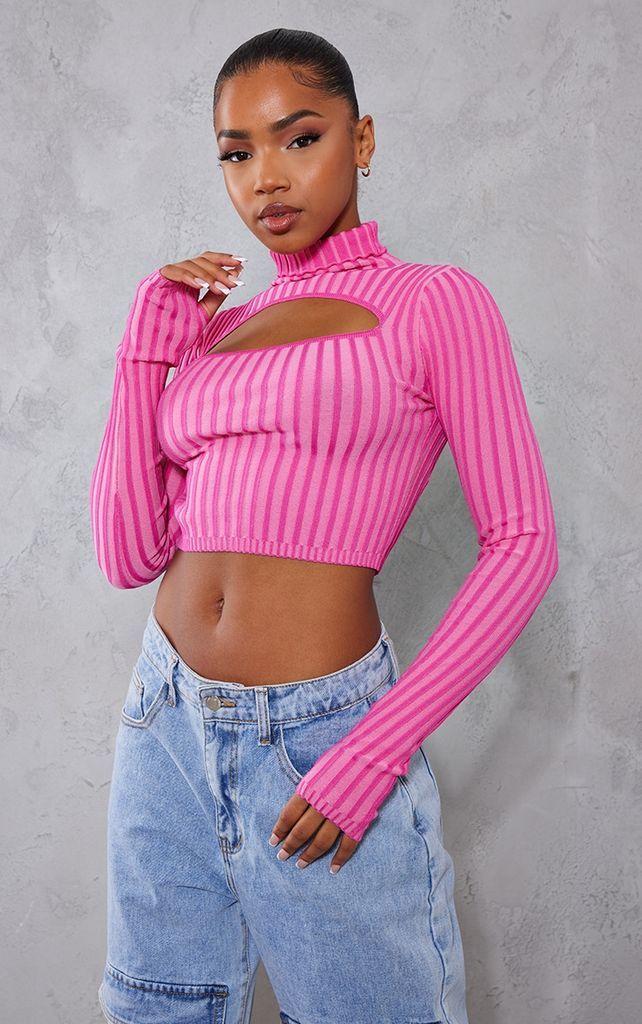 Pink Two Tone Front Cut Out Knit Top, Pink