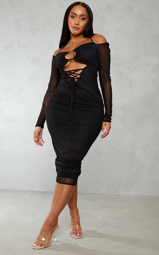 Shape Black Mesh Flared Sleeve Bardot Midaxi Dress, Black