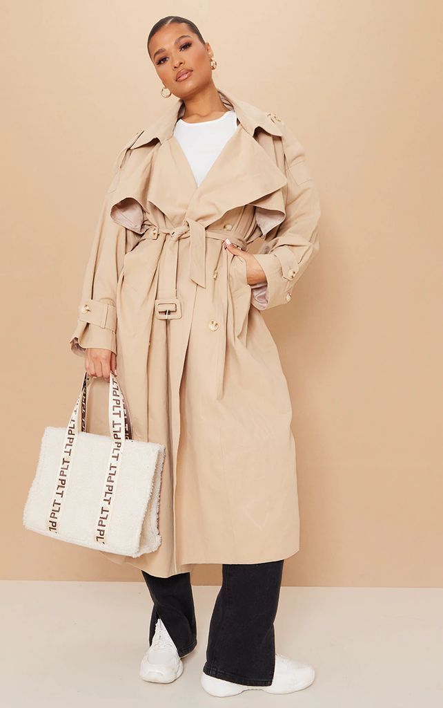 Stone Woven Hooded Oversized Trench Coat, White