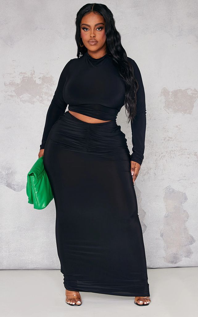 Plus Black Ruched Front Maxi Skirt, Black