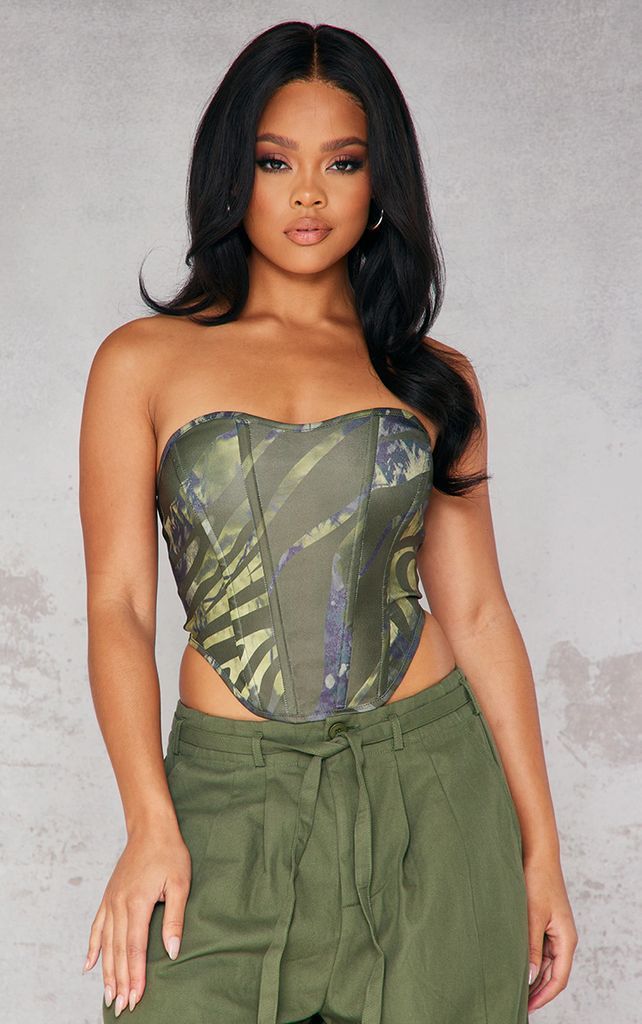 Khaki Boned Printed Corset, Green