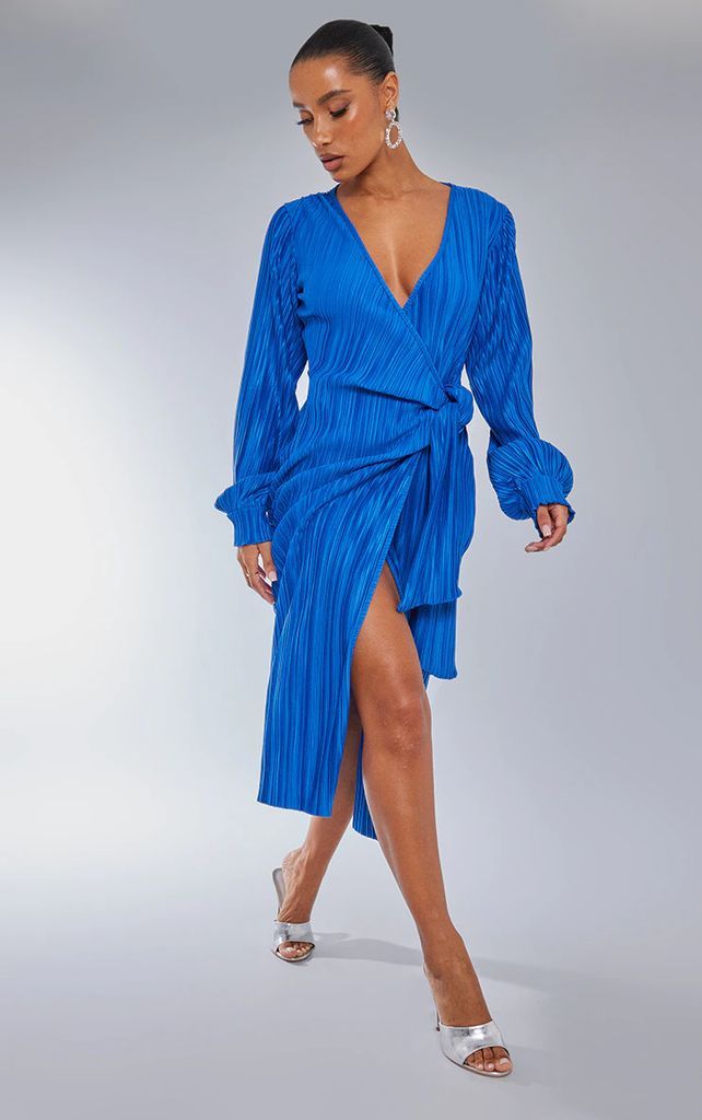 Bright Blue Plisse Long Sleeve Wrap Midi Dress, Bright Blue