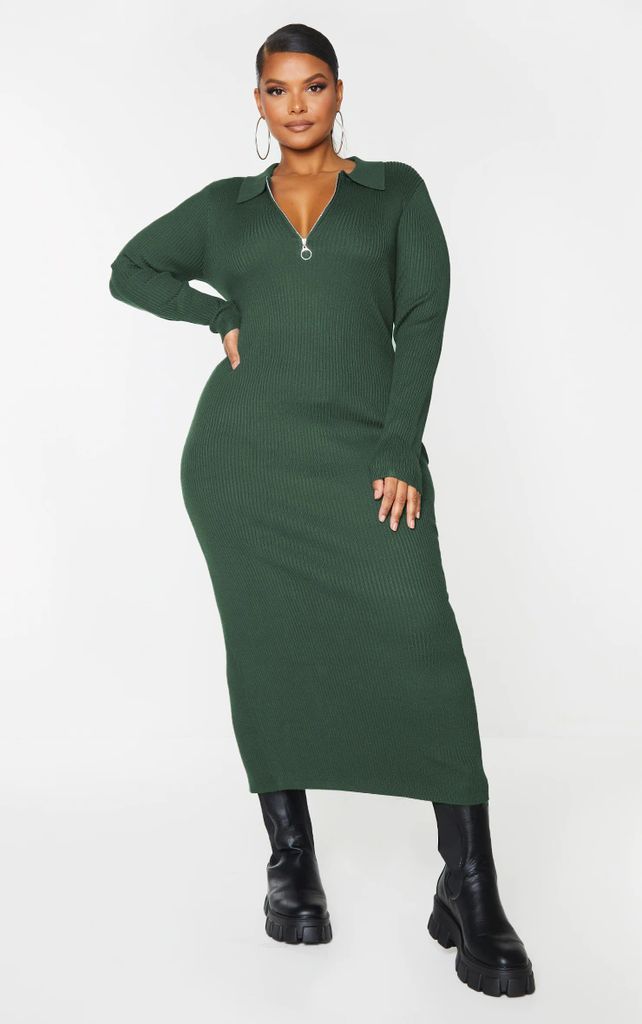 Plus Olive Half Zip Collared Detail Midaxi Dress, Green