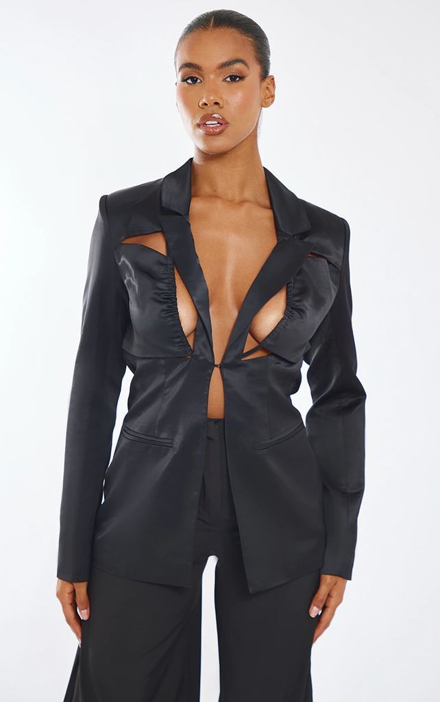 Black Ruched Cup Bust Detail Cut Out Blazer, Black