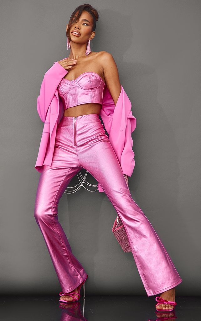 Bright Pink Metallic Look Coated Denim Flare Jeans, Bright Pink