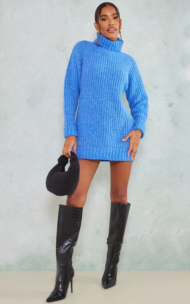 Bright Blue Rolled Neck Super Chunky Knit Jumper Dress, Bright Blue