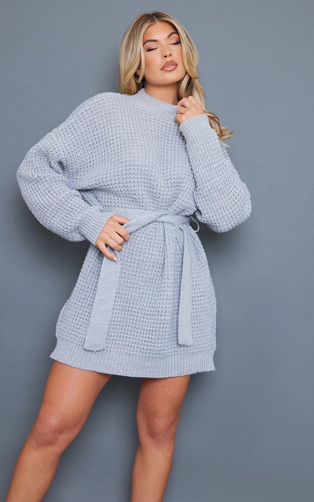 Grey Waffle Knitted Jumper Dress, Grey