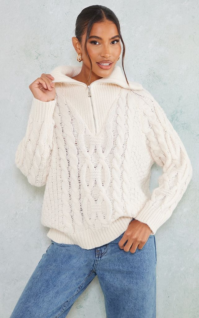 Cream Half Zip Cable Knitted Jumper, White