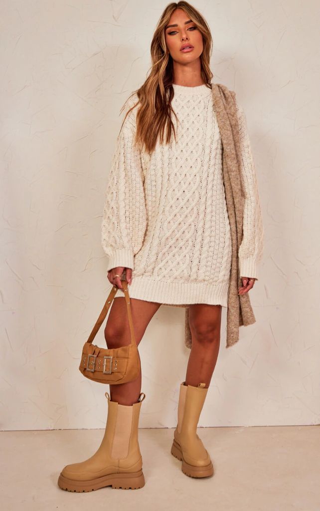Cream Chunky Cable Knit Jumper Dress, White