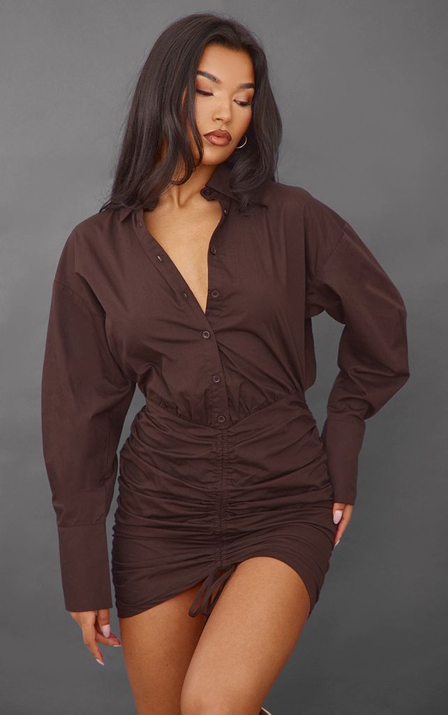 Chocolate Oversized Shirt Ruched Bodycon Dress, Chocolate