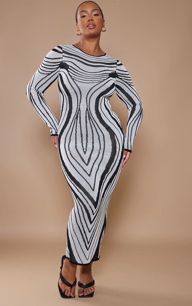 Plus Monochrome Striped Knitted Midaxi Dress, Black