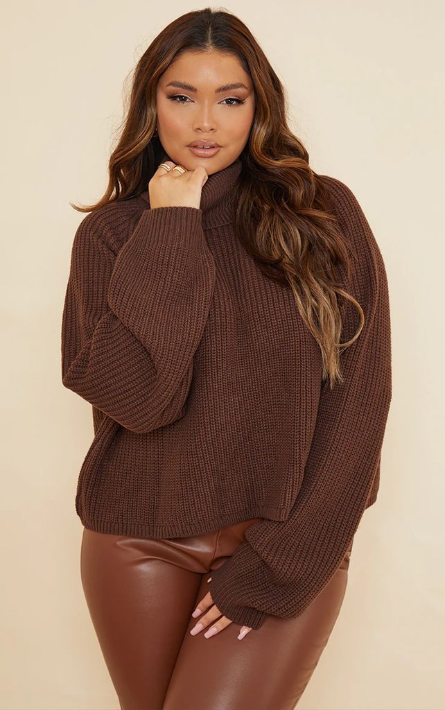 Plus Chocolate Knitted Roll Neck Jumper, Chocolate