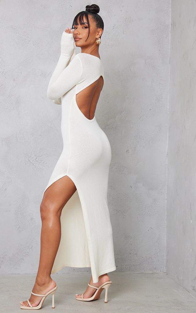 Cream Open Back Long Sleeve Knit Midaxi Dress, White