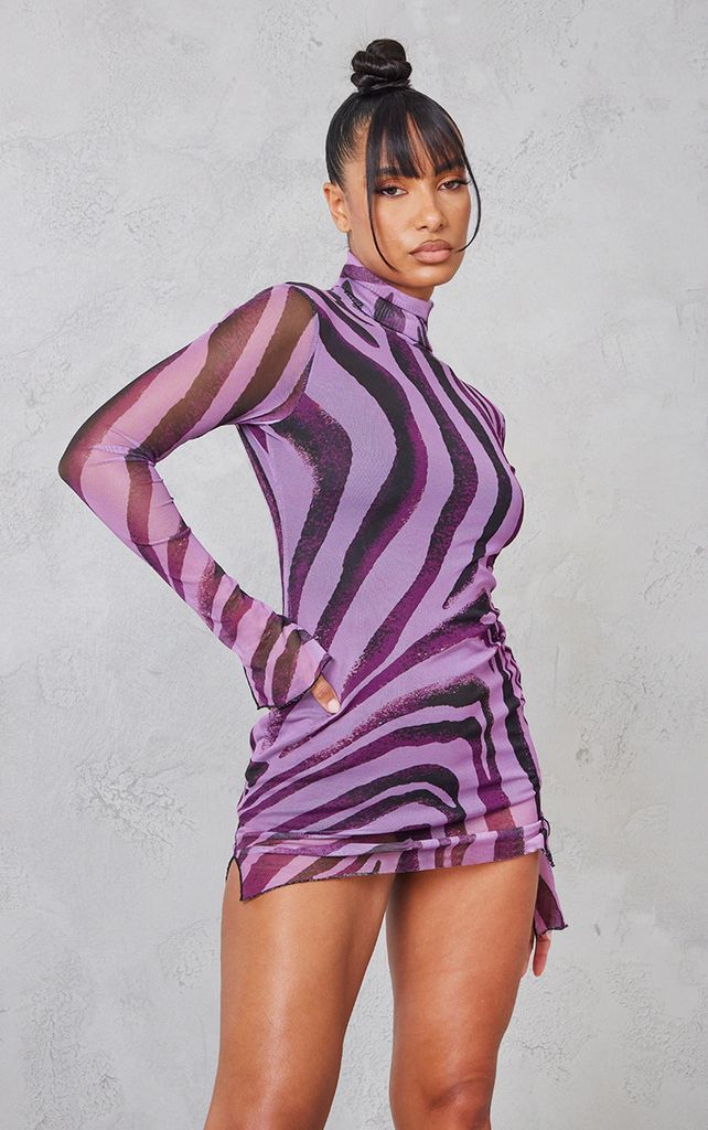 Purple Zebra Print Mesh Lettuce Hem Bodycon Dress, Purple