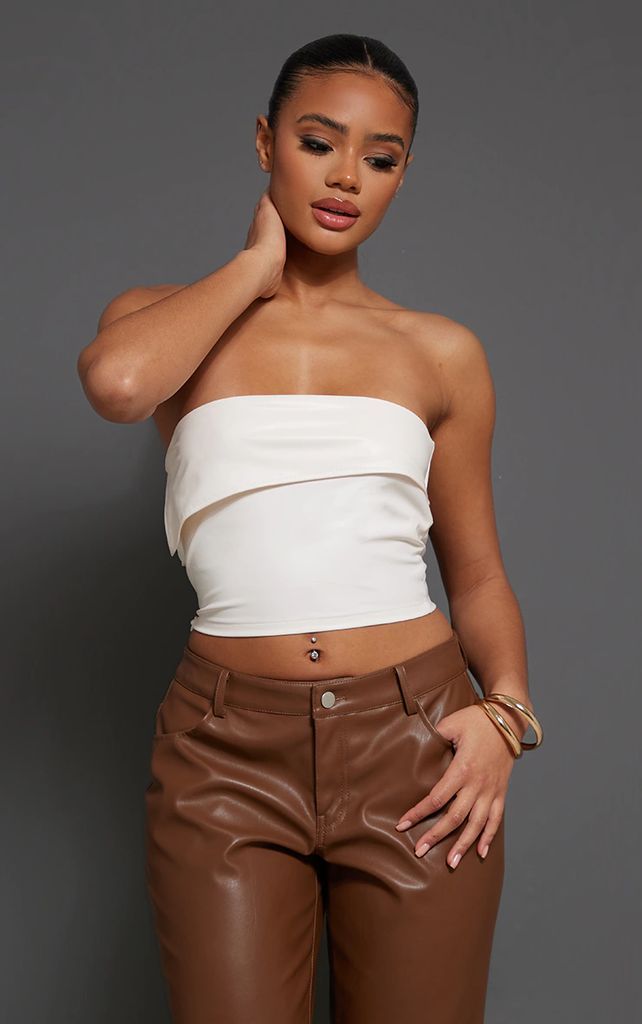 White Faux Leather Folded Over Crop Top, White