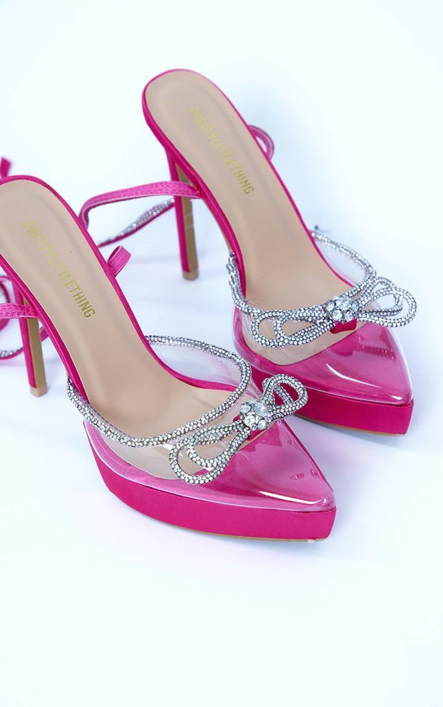 Pink Satin Point Toe Rhinestone Bow Detail High Stiletto Heeled Sandals