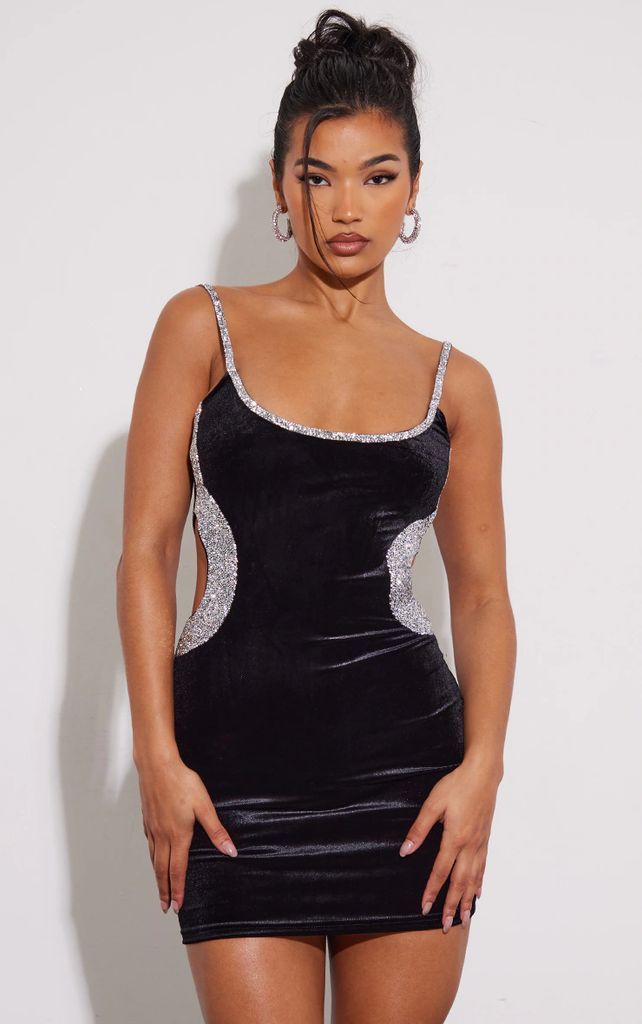 Black Velvet Diamante Trim Detail Strappy Bodycon Dress, Black
