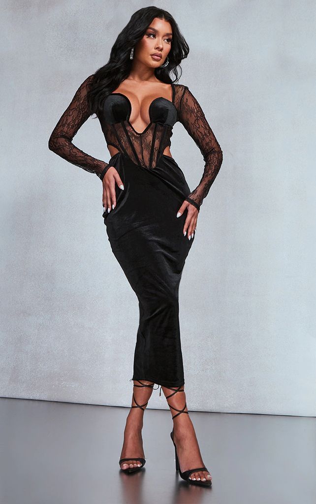 Black Velvet Lace Corset Detail Cut Out Midaxi Dress, Black