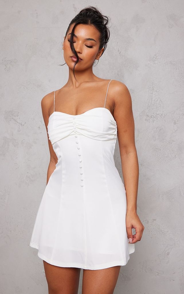 White Satin Diamante Strap Button Detail Bodycon Dress, White